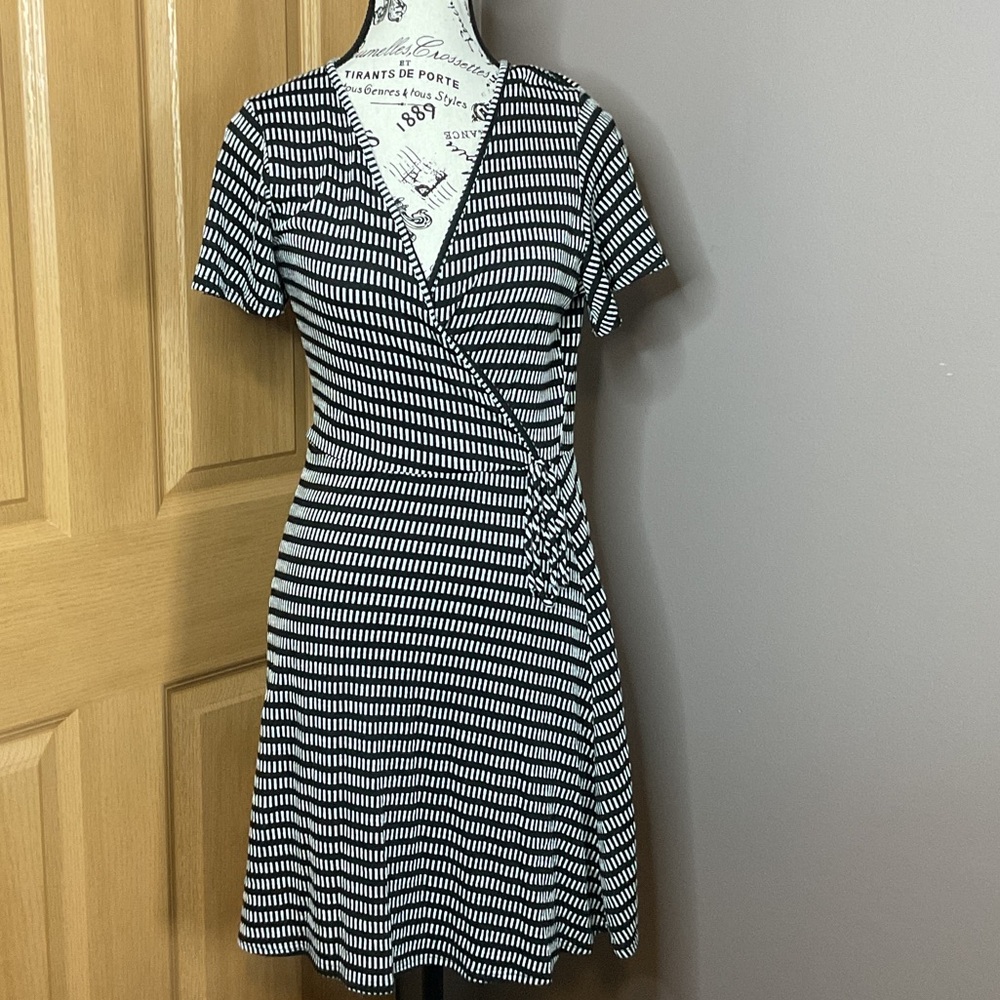 Caution To The Wind Black & White Striped Midi Wrap Dress, Size M